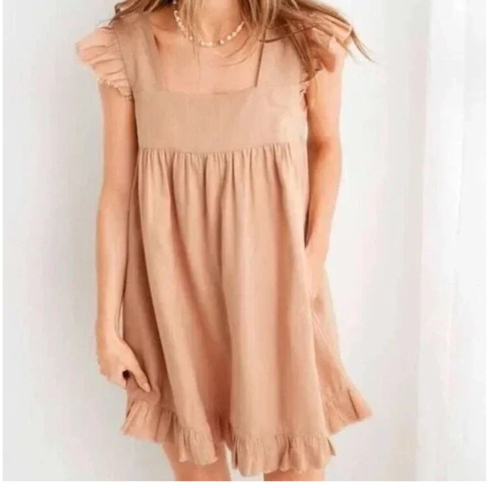 Aerie Flutter Sleeve Square Neck Babydoll‎ Tunic Linen Blend Mini Dress Sz M